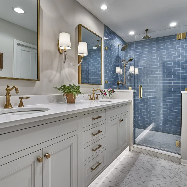 Western Springs bathroom remodel: white vanity, quartz countertop, gold fixtures, blue tile shower, herringbone marble floor.