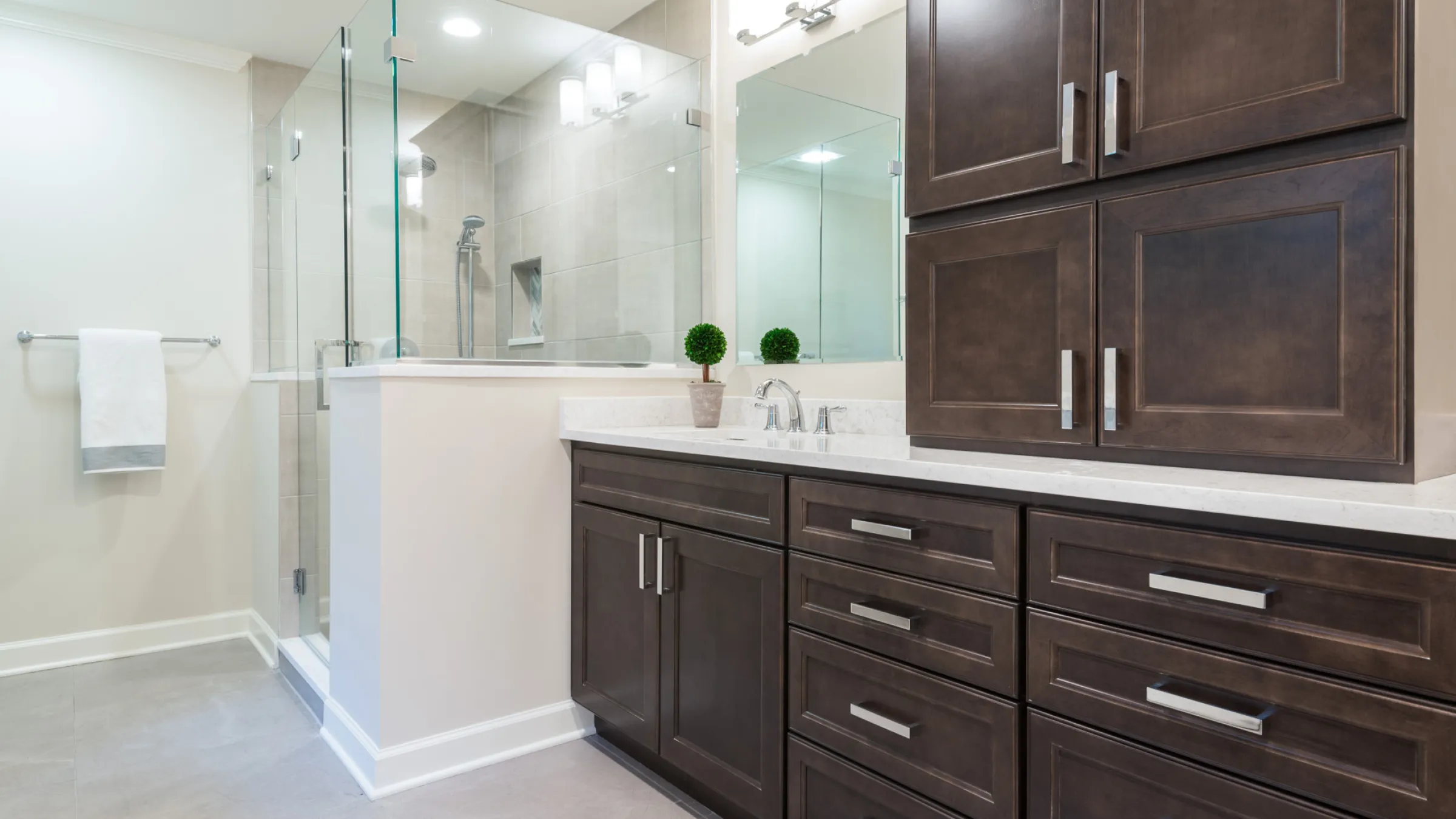 Modern bathroom remodel in Palatine, IL featuring dark wood cabinets, white quartz countertop, and glass shower enclosure.