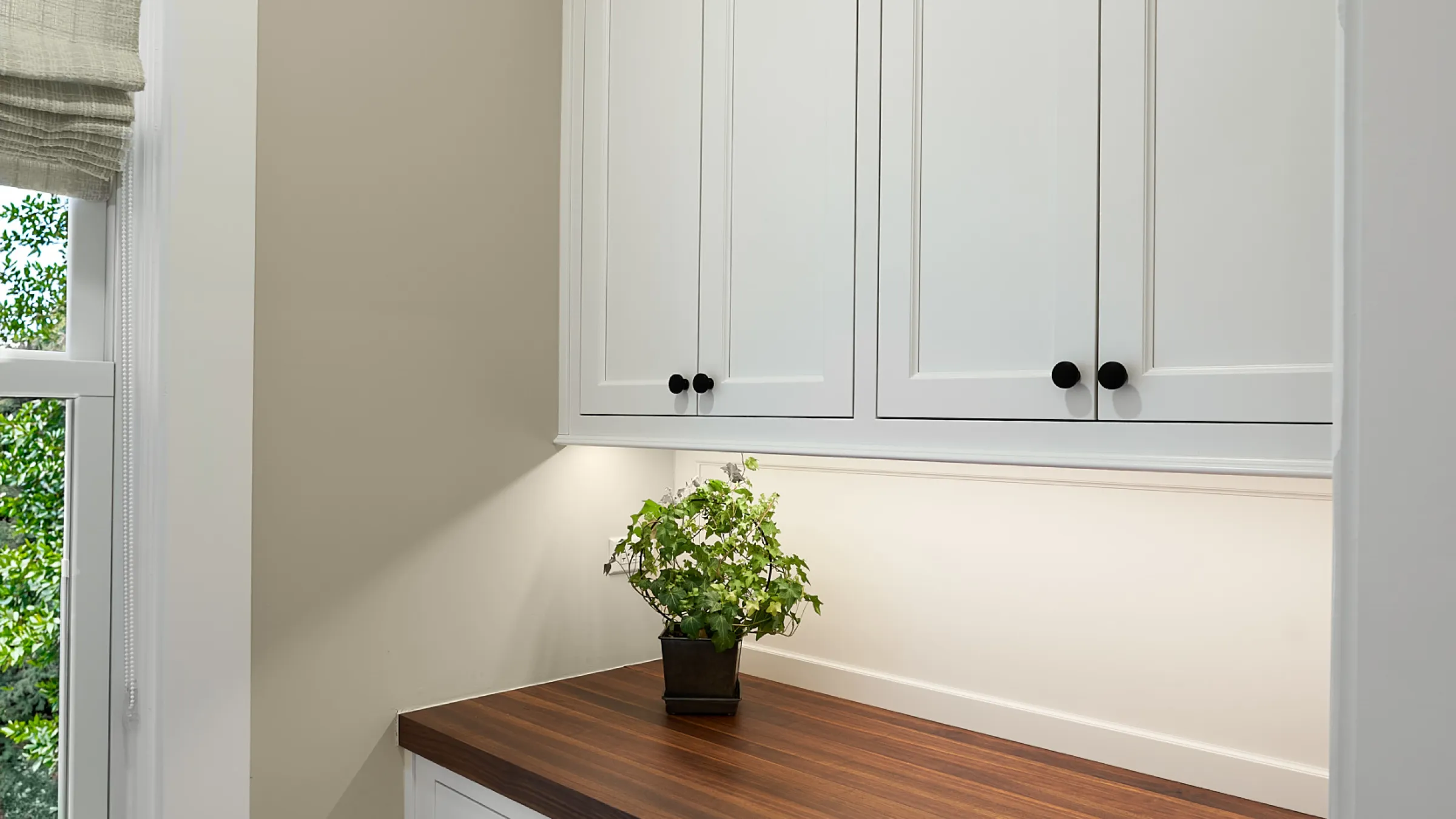 Palatine kitchen remodel: White shaker cabinets, dark wood countertop, under-cabinet lighting, and window.