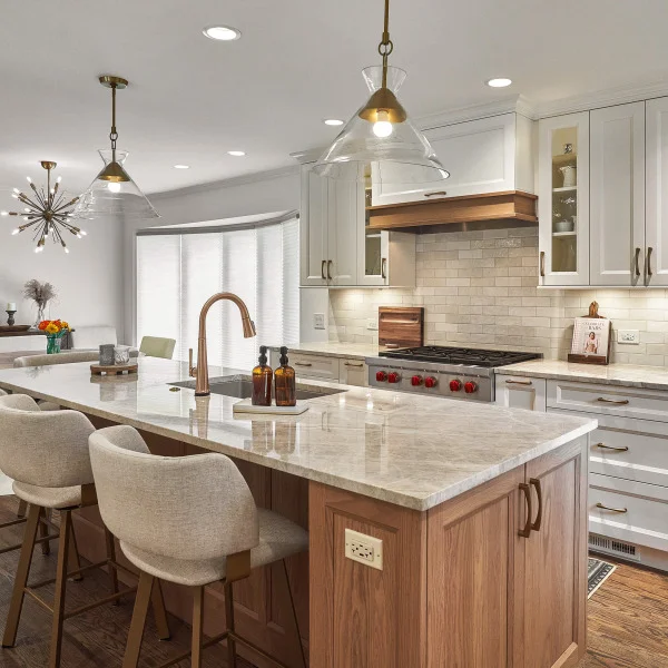 Arlington Heights kitchen remodel with island, marble countertops, wood cabinets, and bronze fixtures by GS Construction.